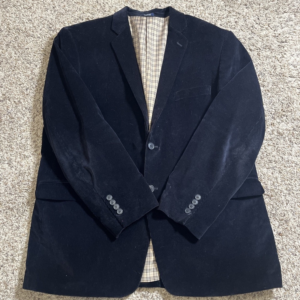 Saddlebred Corduroy Blazer Jacket Mens 48R Black Sport Coat Plaid Lined